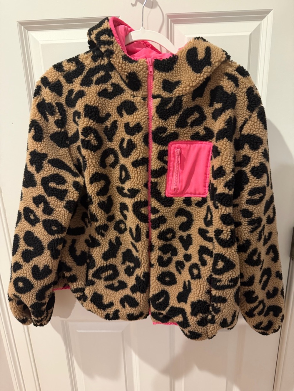 BiBi Leopard Print Sherpa Jacket with Bright Pink Trim